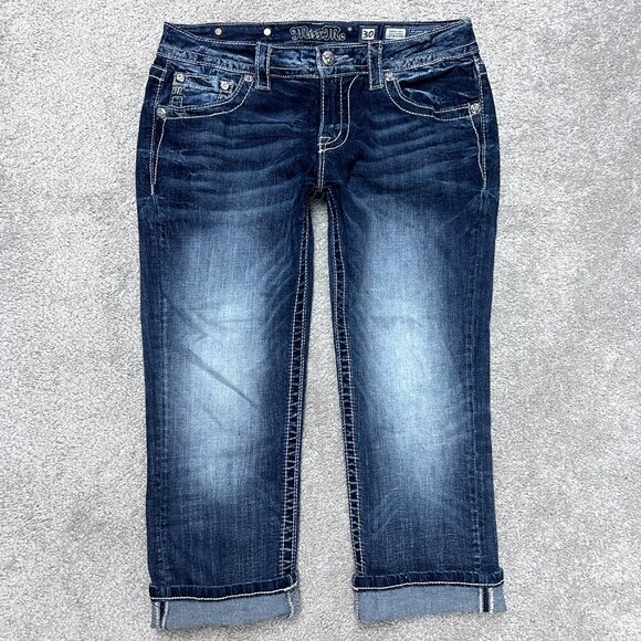Miss me Jeans size 30 Rhinestone Embellished Pocket Cuffed Capri Bling Low Rise - Picture 7 of 8
